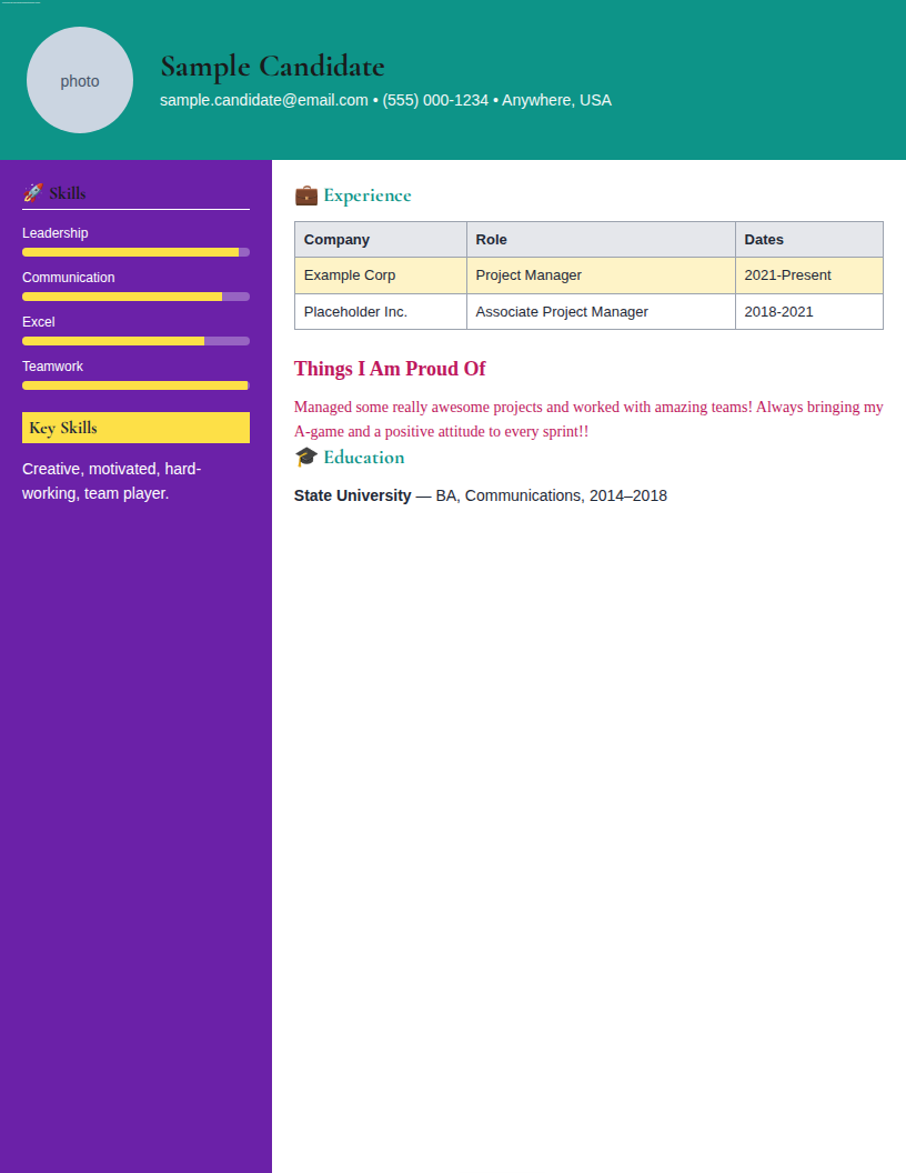 A resume with many layout anti-patterns — two-column layout, profile photo, skill bar graphs, emoji headers, clashing colors, and a table for work history